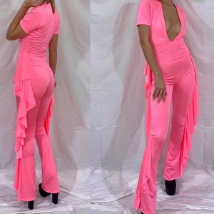 Neon pink jumpsuit ruffle detailed pants